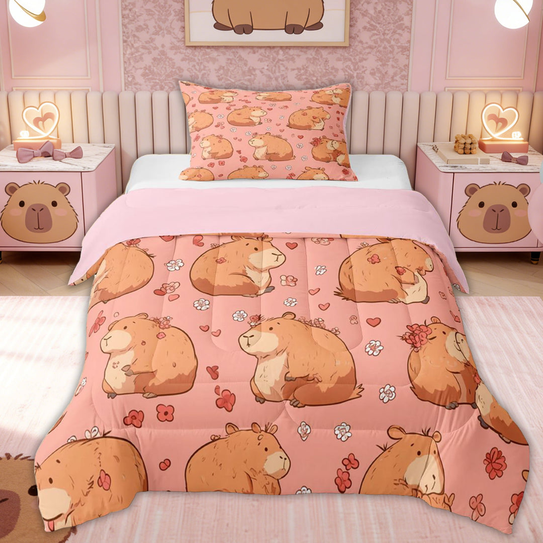 Erosebridal Capybara Lover Kids Twin Comforter Sets, Love Heart Flower Bedding Set, 2 Pieces, Pink Reversible