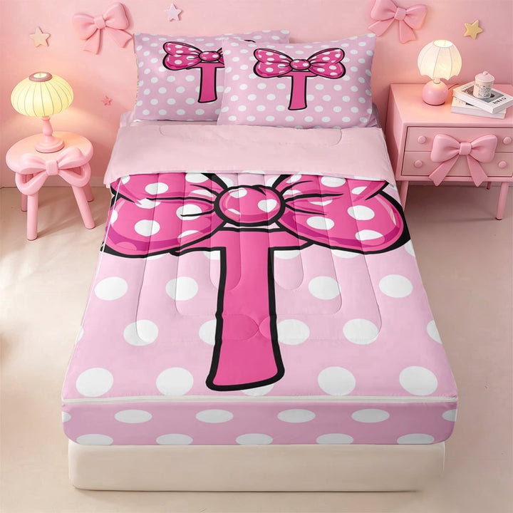 meiyoeat Polka Dot Letter Monogram T Zipper Twin Comforter Sets with Fitted Sheet and 2 Pillowcases For Girls,Cute Coquette Bowknot Zipper Bedding Set,Pink Reversible,4 Pieces
