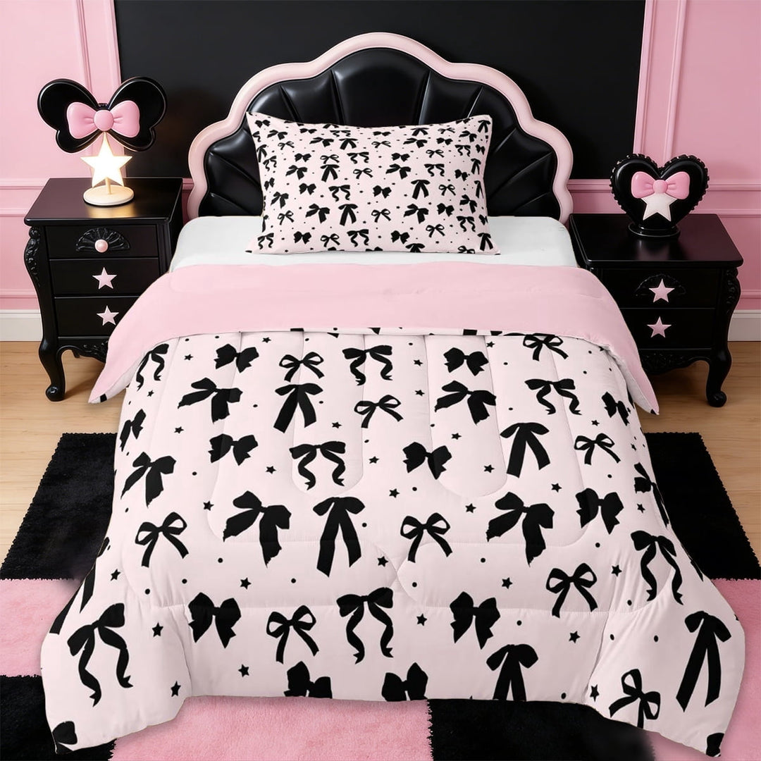 Erosebridal Black Bowtie Kids Twin Comforter Sets,Cute Polka Dots Kawaii Stars Bedding Set For Girls,Pink Reversible,2pcs