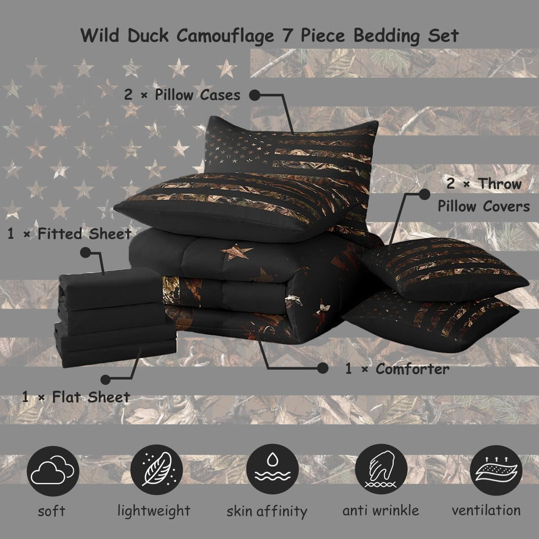 American Flag Camouflage Botancial Comforter Set Twin Size Branch Hunting All Season Breathable Bedding Set Room Decor 7Pcs Brown Warm Cozy Lightweight