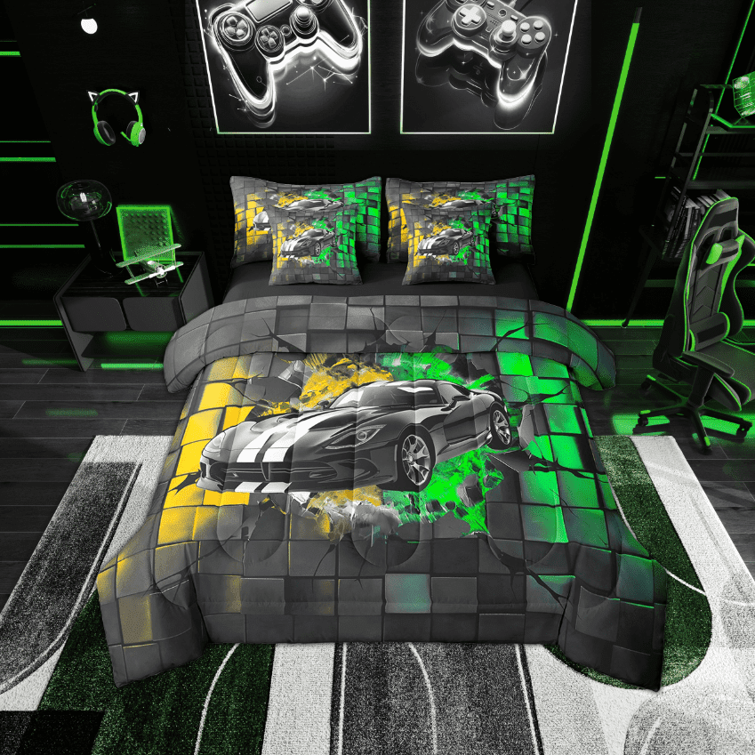 Erosebridal Racing Car Bedding Sets Twin Size,Geometric Buffalo Comforter Sets with Sheets,Golden Green Bed in a Bag Twin size,Lightweight Car Room Decoration,Reversible,7-Piece