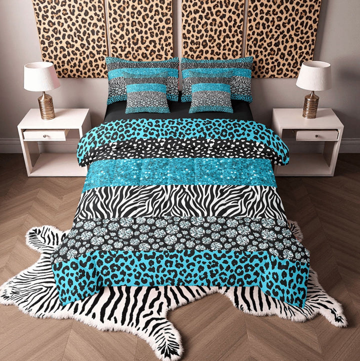 7Pcs Cheetah Print Bedding Set Queen, Cheetah Zebra Animal Patchwork Comforter + Flat Sheet + Fitted Sheet + 2 Pillowcases + 2 Throw Pillow Covers, Sky Blue (No Glitter No Sequin)