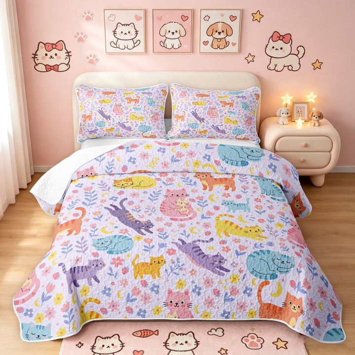 Manfei Cute Cat Kitten Quilt Full, Blossom Floral Full Bedspread Sets, Lavender, 3-Piece, 1 Coverlet and 2 Pillowcases