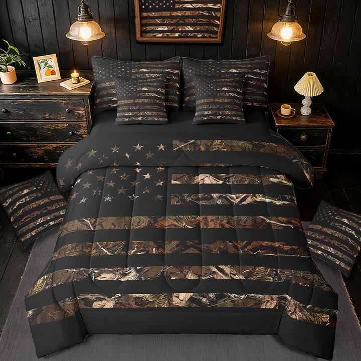 American Flag Camouflage Botancial Comforter Set Twin Size Branch Hunting All Season Breathable Bedding Set Room Decor 7Pcs Brown Warm Cozy Lightweight