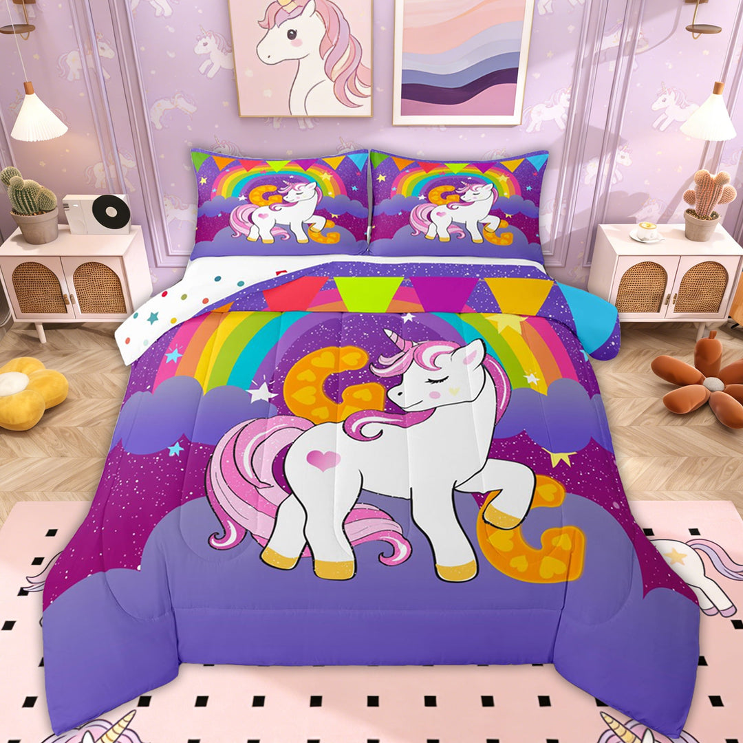 Erosebridal Dreamy Unicorn Comforter Sets Full Size, Initial Letter G Comforters &amp; Duvets, Rainbow Reversible Bedding Full Comforter Set, Super Cozy Bedroom Decoration, 3 Pieces