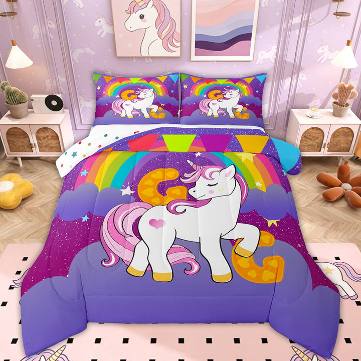 Erosebridal Dreamy Unicorn Comforter Sets Full Size, Initial Letter G Comforters &amp; Duvets, Rainbow Reversible Bedding Full Comforter Set, Super Cozy Bedroom Decoration, 3 Pieces