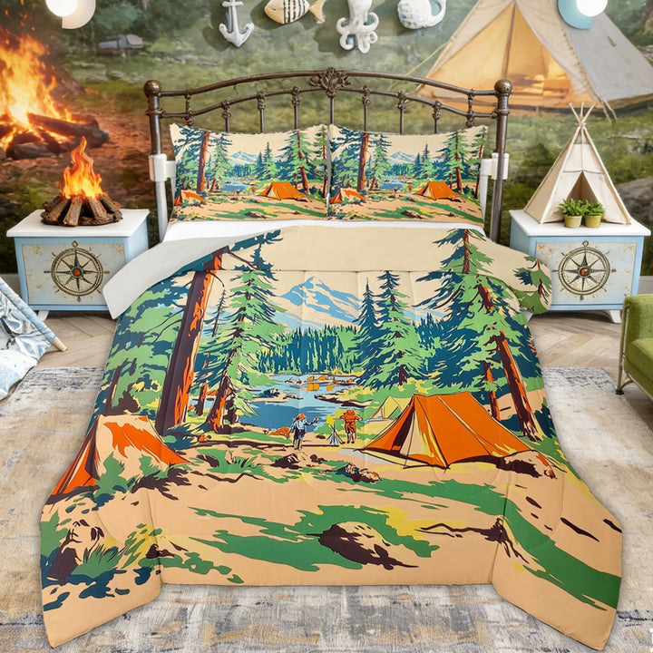 Erosebridal Orange Tent Lake Camping Full Size Comforter Sets, Retro Forest Mountain Bedding Sets for Men and Women, 3-Piece