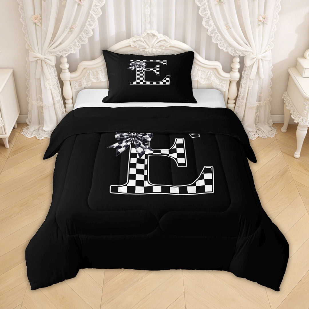 Erosebridal Checkered Bow Letter E Twin Comforter Sets for Girls, Black White Ribbon Bedding Set, Black Reversible, 2pcs