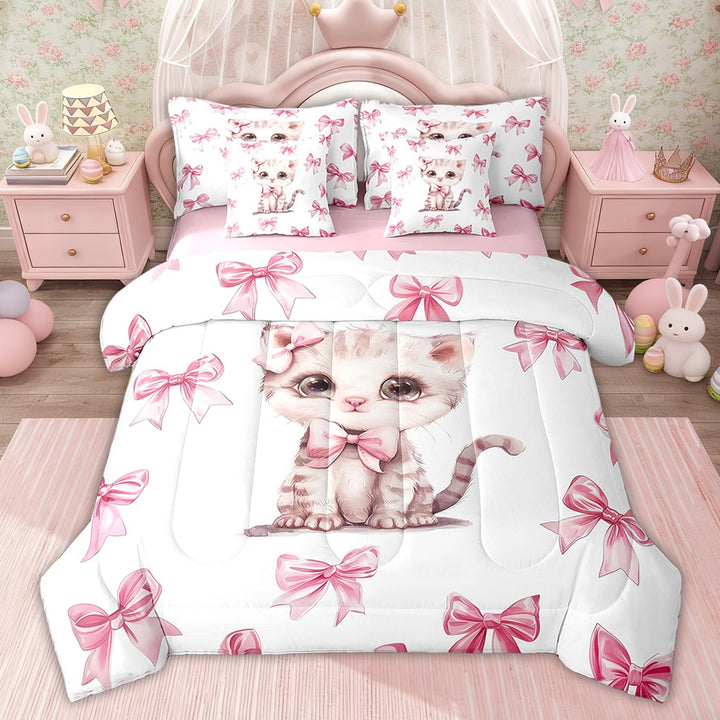 Erosebridal Girls Princess Bowknot Bedding Sets Twin, Kawaii Cat Bedding Comforter Set, Cartoon Pet Decor, Pink Reversible