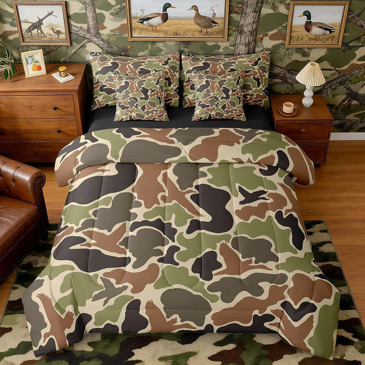 Duck Camouflage Hunting Comforter Set Twin Size Bed in a Bag Army Wild All Season Breathable Bedding Set Room Decor 7Pcs Green Black Warm Cozy Lightweight