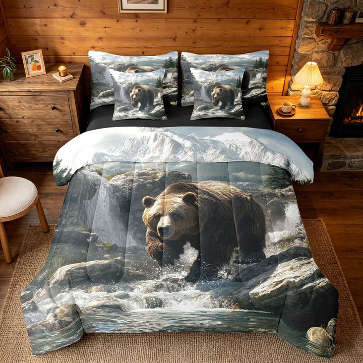meiyoeat Wild Bear Bedding Comforter Set, Nature Mountain Waterfall King Bedding Sets, Brown Green, Black Reversible 7 Pieces