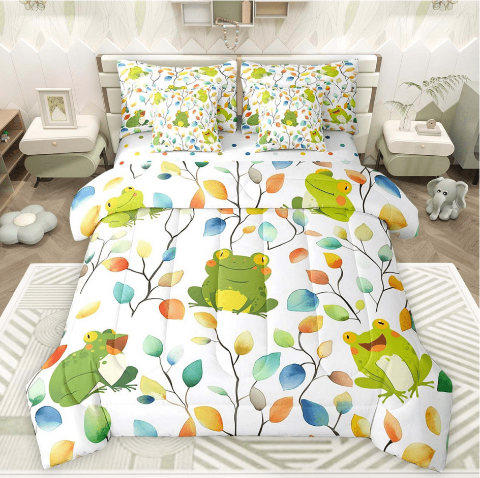 Erosebridal Cute Frog Bed in a Bag 7 Pieces Hippie Floral Bedding Set, Chic Flower Twin Size Comforter Set Watercolor Leaves Bedding Comforter Sets, Woodland Wildlife Bed Set