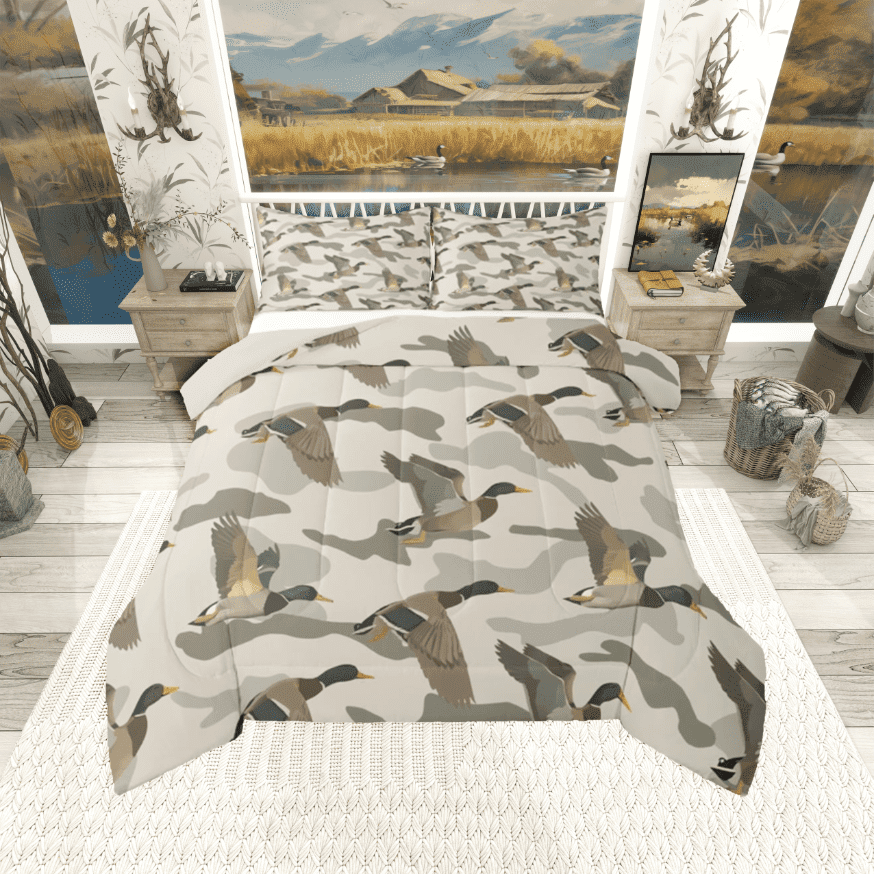 Manfei Wildlife Duck Camo 3pcs Full Comforter Set - Watercolor Animal Hunting Style
