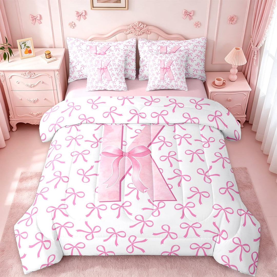 jejeloiu Cartoon Cute 7 Pieces Bedding Comforter Set,Letter K Monogrammed Full Bedding Set For Girls Kids Reversible