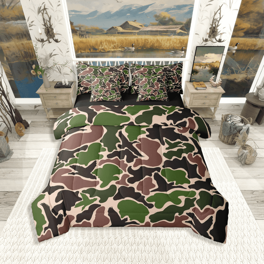 Manfei Camouflage Duck 7pcs Full Bedding Set - Farmhouse Green Brown Style