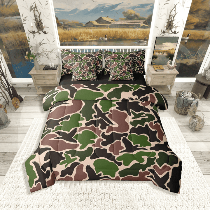 Manfei Camouflage Duck 7pcs Full Bedding Set - Farmhouse Green Brown Style