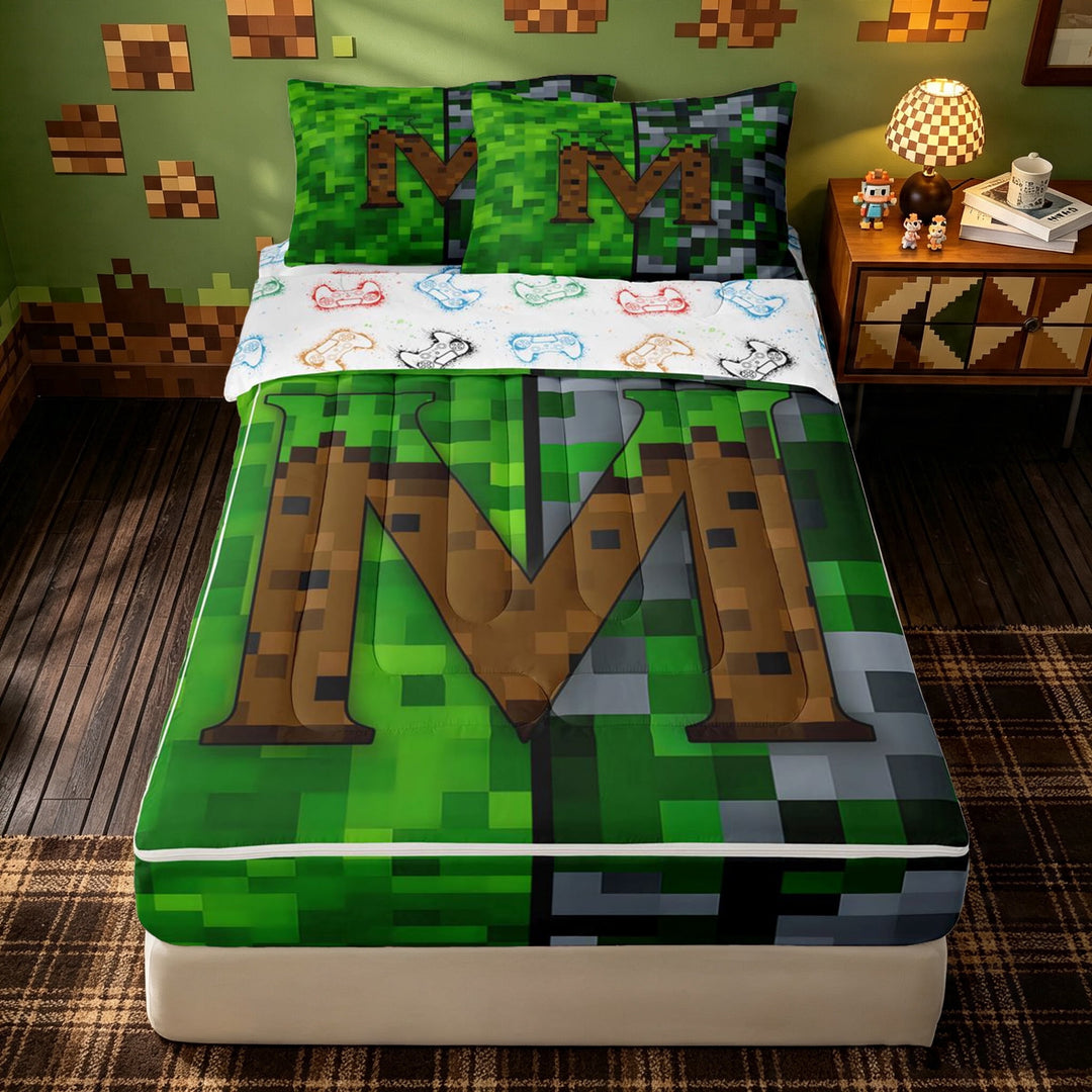 meiyoeat Pixel Game Monogrammed M Zipper Twin Comforter Sets with Fitted Sheet and 2 Pillowcases for Girls Boys, Green Brown Sauqre Block Zipper Bedding Set, Gamepad Reversible, 4pcs
