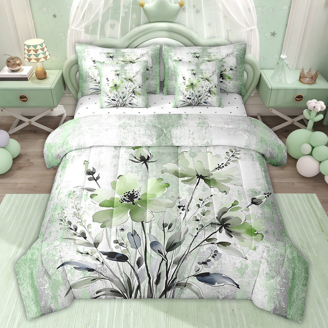 Erosebridal Girls Groovy Floral Bedding Queen Size, Watercolor Flower Bed Set, Rustic Plant Bed in a Bag Queen size, 7pcs
