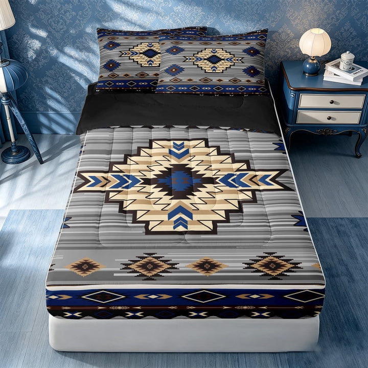 meiyoeat Vintage Aztec Geometric Zipper Full Size Comforter Sets with Fitted Sheet and 2 Pillowcases,Nautical Tribal Zipper Bedding Set For Boys,Blue Gray,Black Reversible,4 Pieces