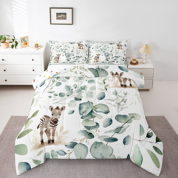 Cute Zebra Bedding Twin Size Green Eucalyptus Comforter Set Twin, Woodland Animal Wildlife Duvet Insert Plant Leaves Quilt Comforter, Cartoon Horse Bedding Comforters &amp; Sets
