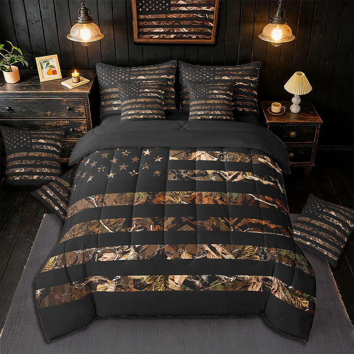 American Flag Camouflage Botancial Comforter Set Twin Size Branch Hunting All Season Breathable Bedding Set Room Decor 7Pcs Brown Warm Cozy Lightweight
