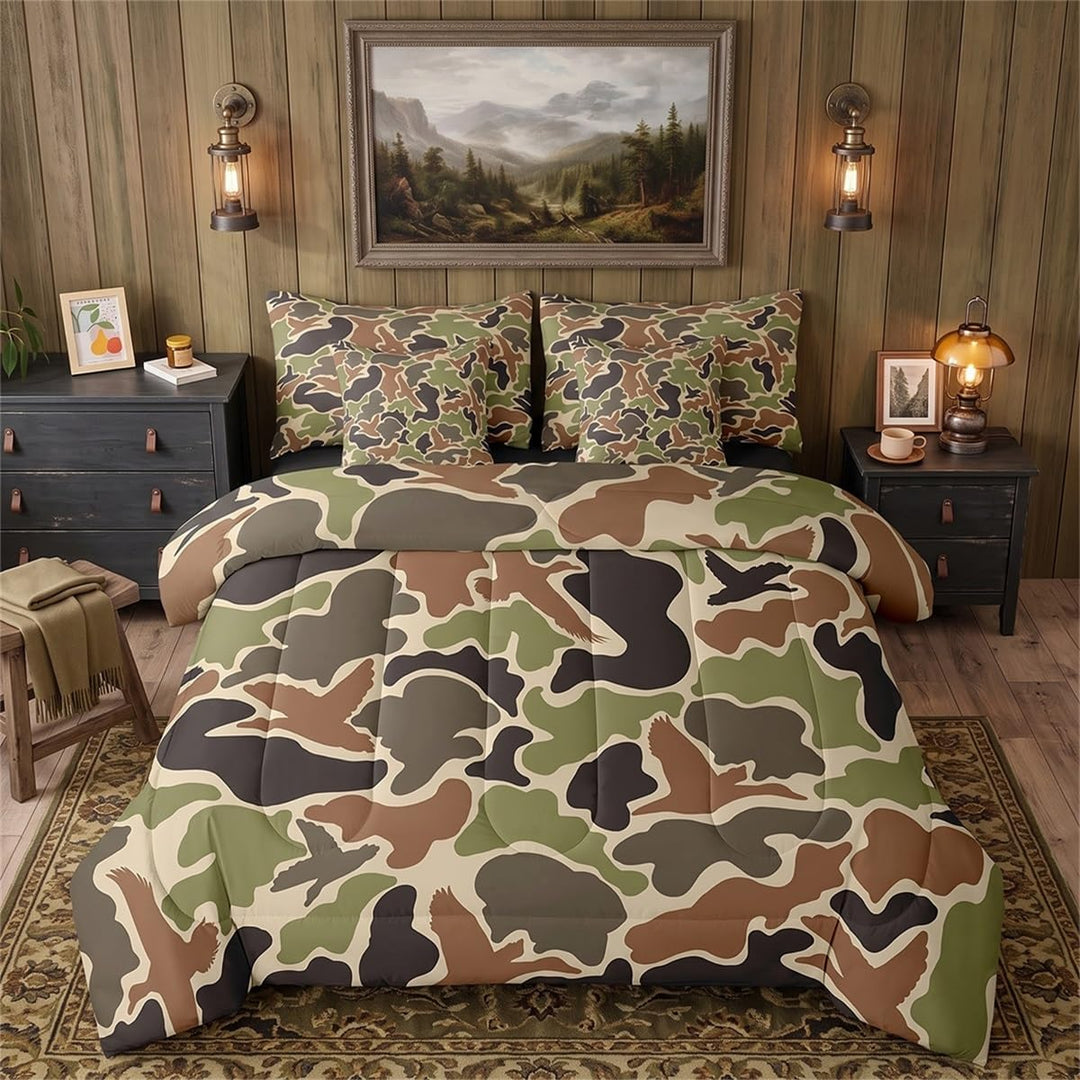 Duck Camouflage Hunting Comforter Set Twin Size Bed in a Bag Army Wild All Season Breathable Bedding Set Room Decor 7Pcs Green Black Warm Cozy Lightweight