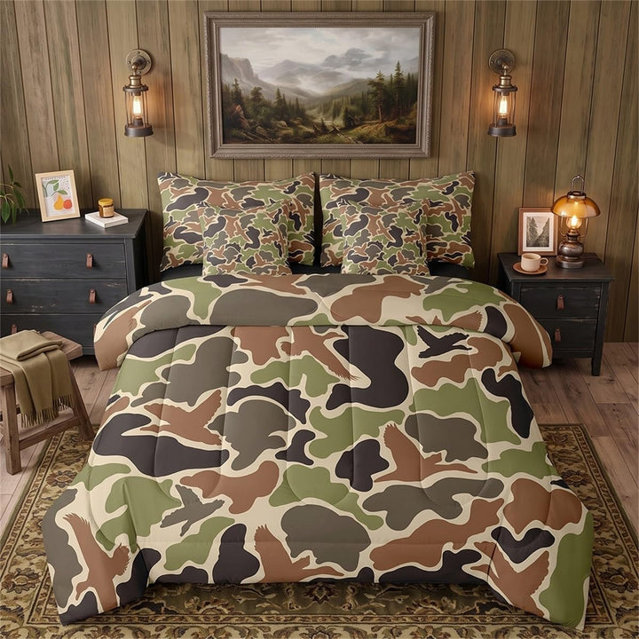 Duck Camouflage Hunting Comforter Set Twin Size Bed in a Bag Army Wild All Season Breathable Bedding Set Room Decor 7Pcs Green Black Warm Cozy Lightweight