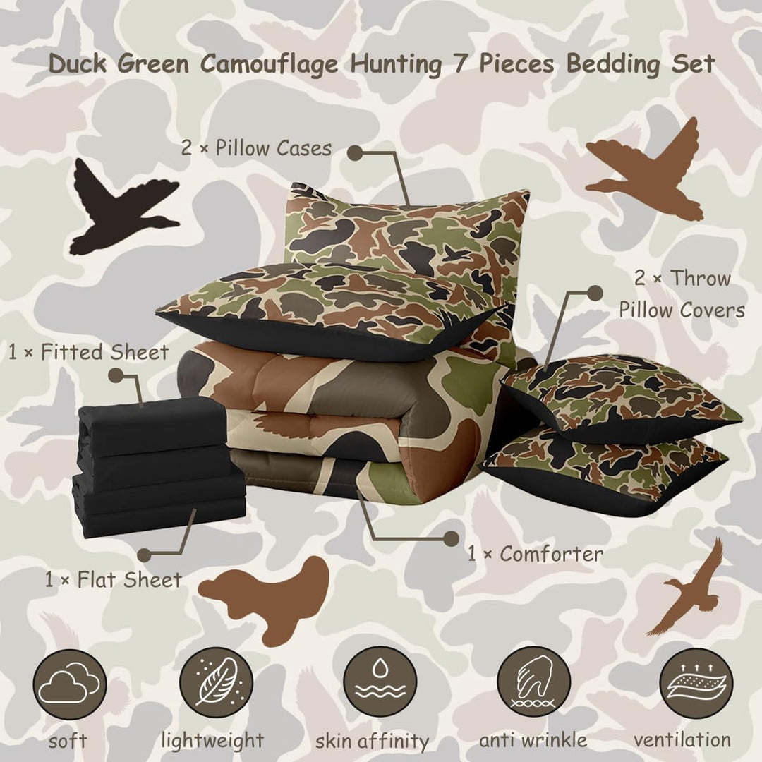 Duck Camouflage Hunting Comforter Set Twin Size Bed in a Bag Army Wild All Season Breathable Bedding Set Room Decor 7Pcs Green Black Warm Cozy Lightweight