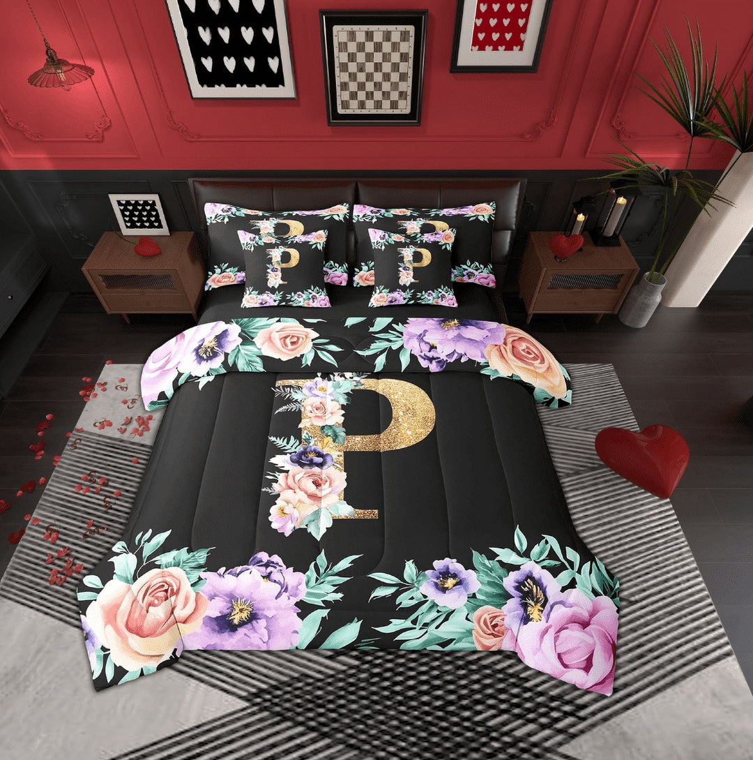 Erosebridal Monogrammed P Bedding Sets, Initial Letter Comforter Sets with Sheets, Romantic Rose Reversible Bed Sheets Set, Microfiber Room Decor, 7 Pieces