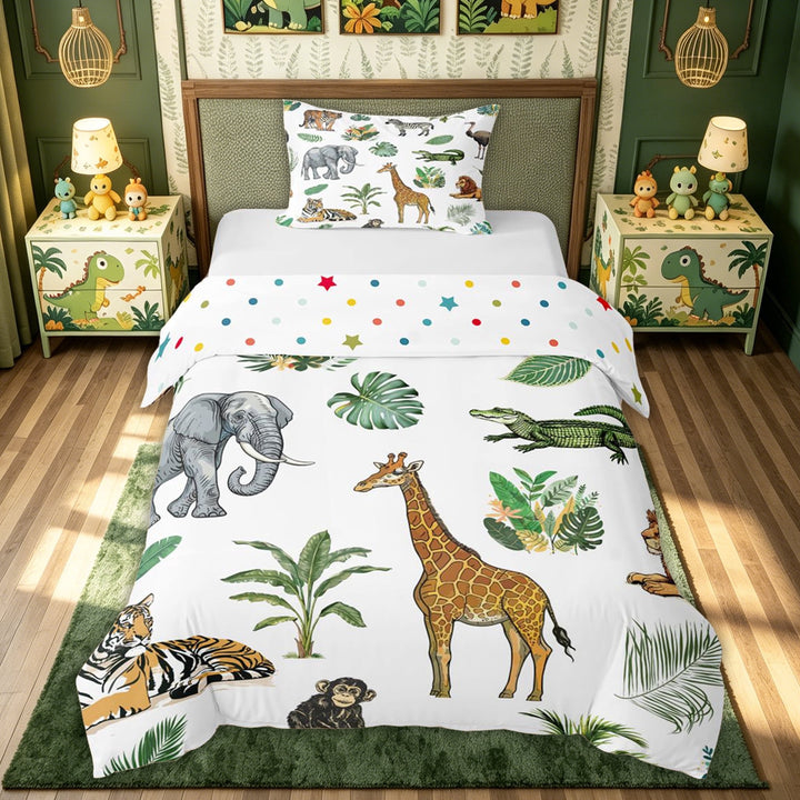 meiyoeat Elephant Lion Animal Bedding for Kids Boys, Jungle Wildlife Print Duvet Cover Full, White Green, Polkadot Reversible, 3pcs