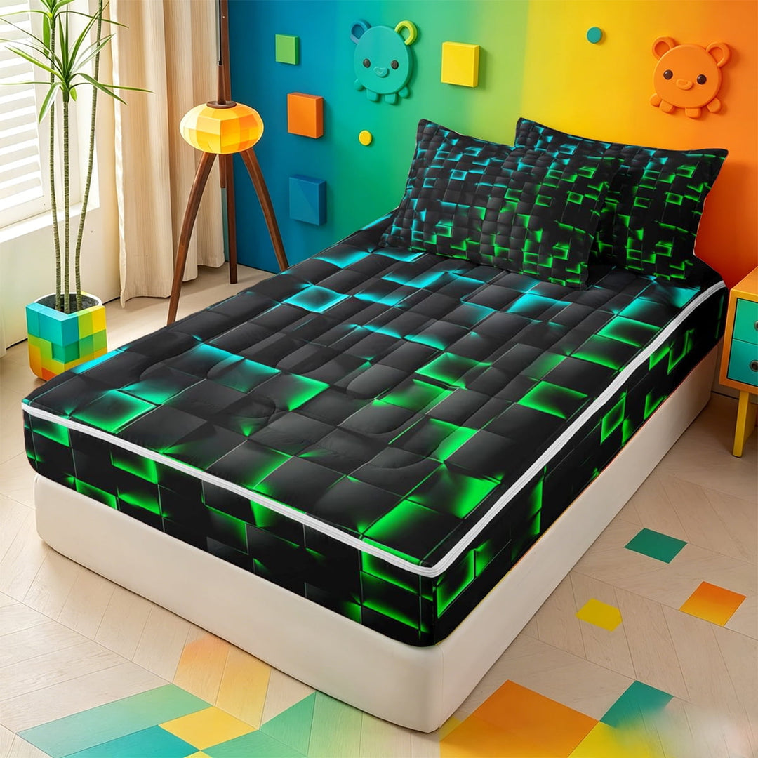 meiyoeat Classic Geometric Checkered Zipper Full Size Comforter Sets with Fitted Sheet and 2 Pillowcases For Kids,Gradient Neon Blue Green Zipper Bedding Set For Boys,Black Reversible,4-Piece