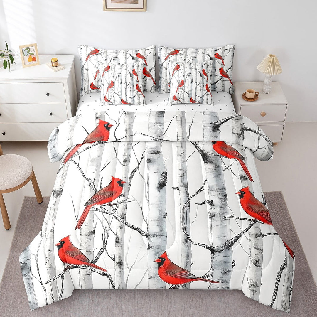 Erosebridal Cardinal Bird Bed in a Bag Twin size, Botanical Birch Bed Set, Animal Theme Decor