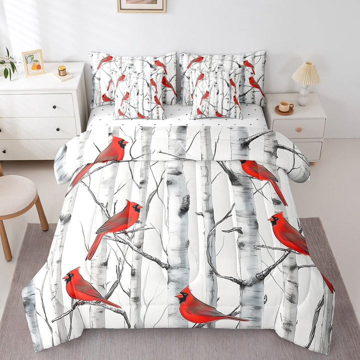 Erosebridal Cardinal Bird Bed in a Bag Twin size, Botanical Birch Bed Set, Animal Theme Decor
