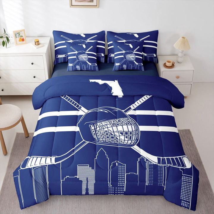 YST 7-Pcs Ice Hockey Kids Bedding Set for Boys, Twin Size Comforter Set with Sheets and Pillowcase, 7-Pcs Soft Lightweight Bed in a Bag,Hockey Children Bed Set, Winter Sports,Tampa