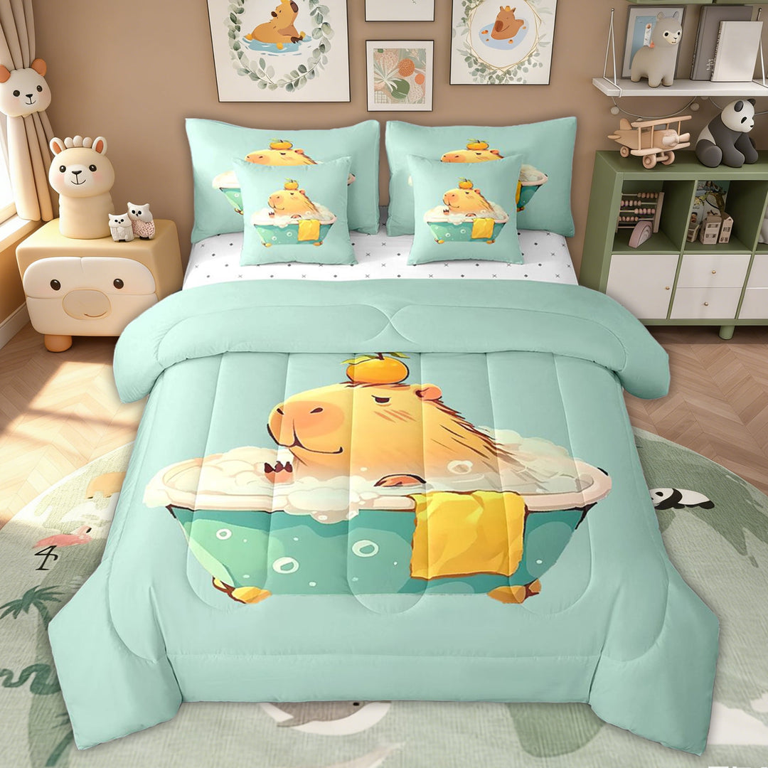 Erosebridal Kid Roment Capybara Twin Bedding Sets, Cute Cartoon Theme Bedding Comforter Set, Green, 7 Pieces