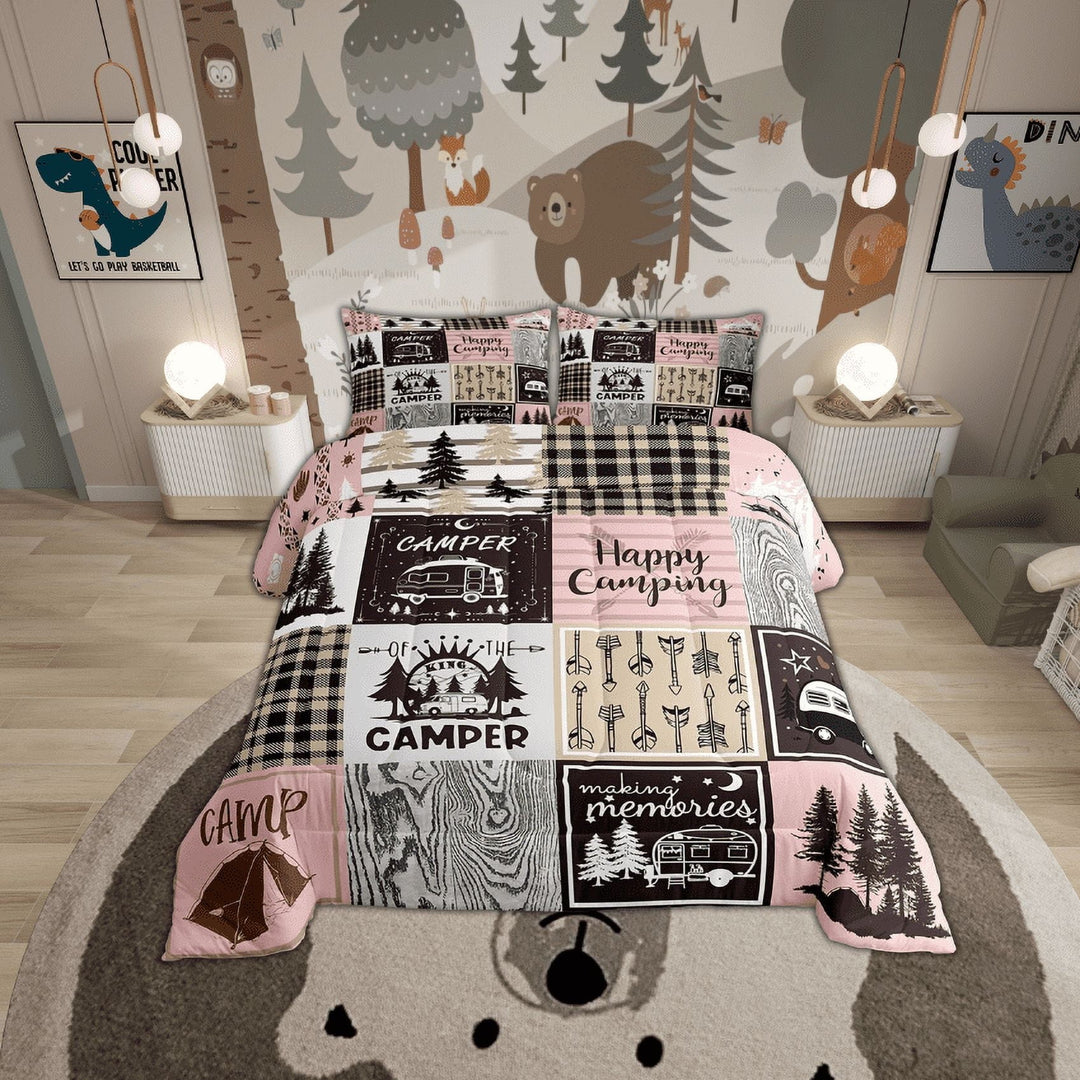 Camping Full Comforter Set ,Pink Camper Bedding Set For Bunk,Rv Accessories Quilt Bedding For Travel Trailers Rustic Farmhouse Buffalo Plaid Bed Duvet Set 2 Pillow Cases