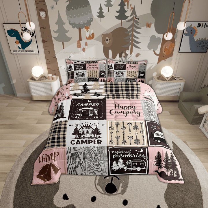 Camping Full Comforter Set ,Pink Camper Bedding Set For Bunk,Rv Accessories Quilt Bedding For Travel Trailers Rustic Farmhouse Buffalo Plaid Bed Duvet Set 2 Pillow Cases