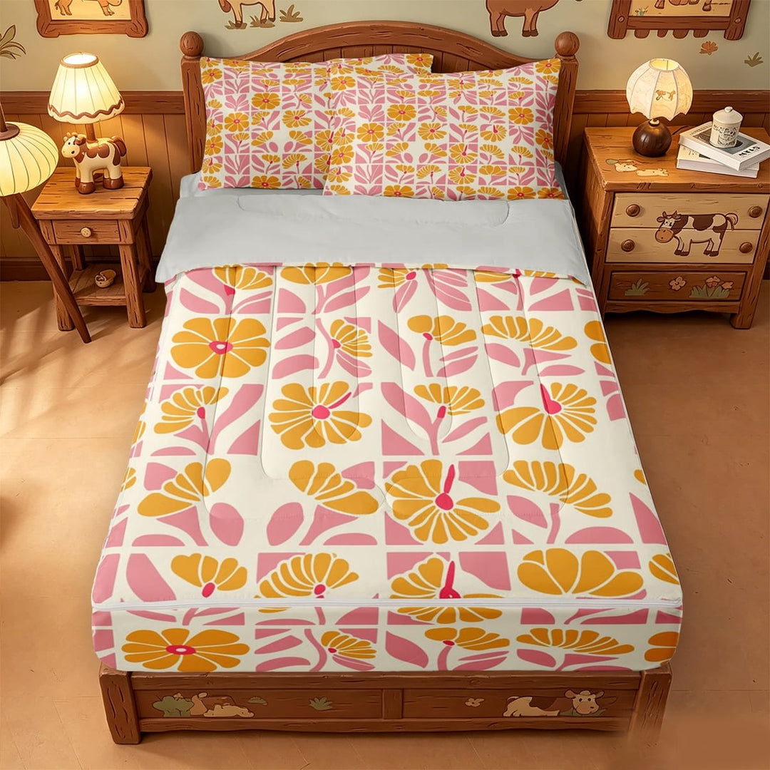 meiyoeat Retro Floral Zipper Twin Comforter Sets with Fitted Sheet and 2 Pillowcases For Girls,Mid-Century Pattern Zipper Bedding Set,Orange Pink Cream,Light Gray Reversible,4pcs