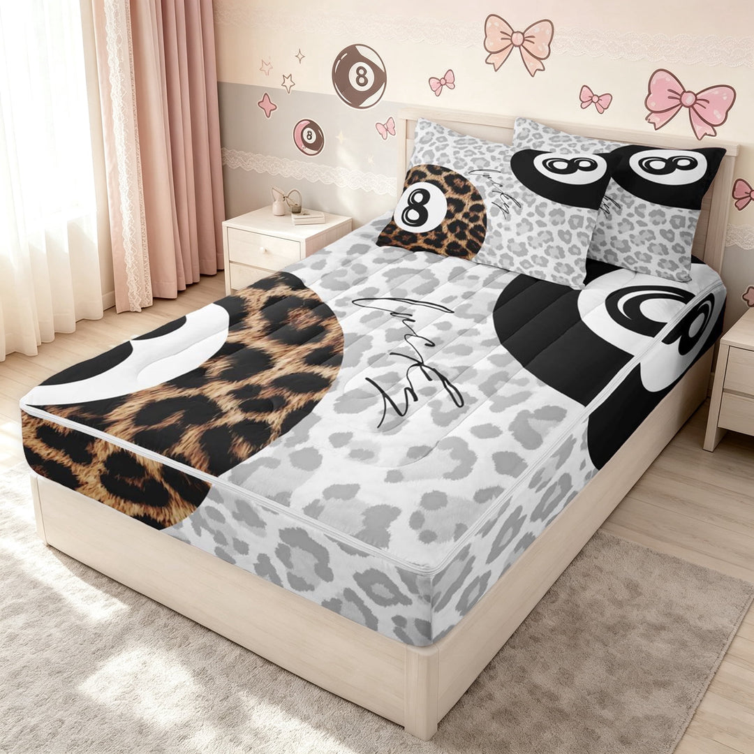 meiyoeat Leopard Print Lucky 8 Ball Zipper Twin Comforter Sets with Fitted Sheet and 2 Pillowcases for Girls, Black White Brown Zipper Bedding Set, Black Reversible, 4-Piece