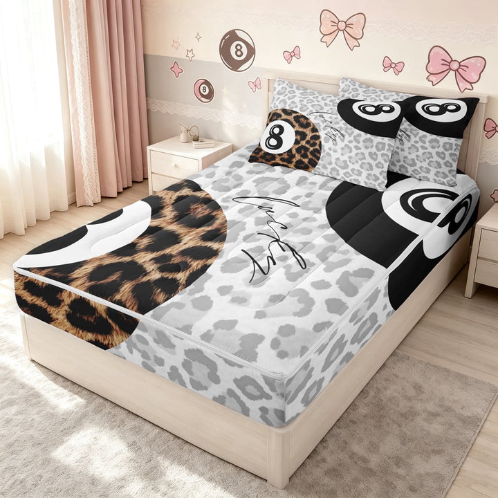 meiyoeat Leopard Print Lucky 8 Ball Zipper Twin Comforter Sets with Fitted Sheet and 2 Pillowcases for Girls, Black White Brown Zipper Bedding Set, Black Reversible, 4-Piece