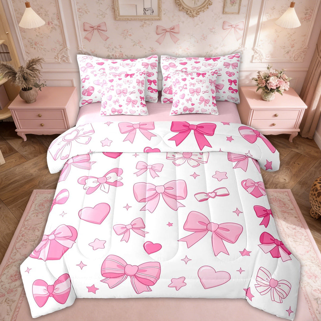 Erosebridal Girls Cute Pink Bow Twin Bedding Sets, Princess Cartoon Bedding Comforter Set, Pink, 7-Piece
