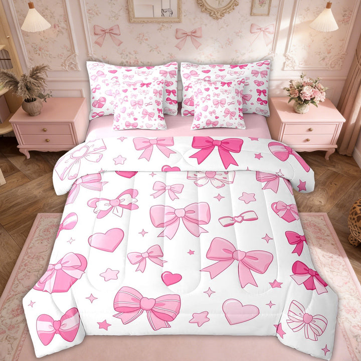 Erosebridal Girls Cute Pink Bow Twin Bedding Sets, Princess Cartoon Bedding Comforter Set, Pink, 7-Piece