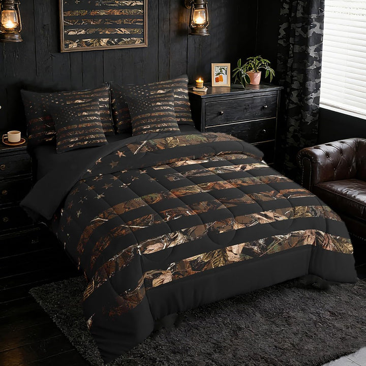 American Flag Camouflage Botancial Comforter Set Twin Size Branch Hunting All Season Breathable Bedding Set Room Decor 7Pcs Brown Warm Cozy Lightweight