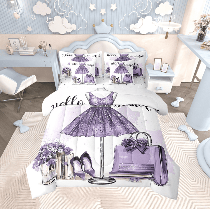 7 Piece Fashion Purple Bed in a Bag Queen Size Modern Girly Bedding Sets, Women Purple Floral Comforter Set with Sheets Perfume Print Bed Set Romantic Makeup Themed Sheets