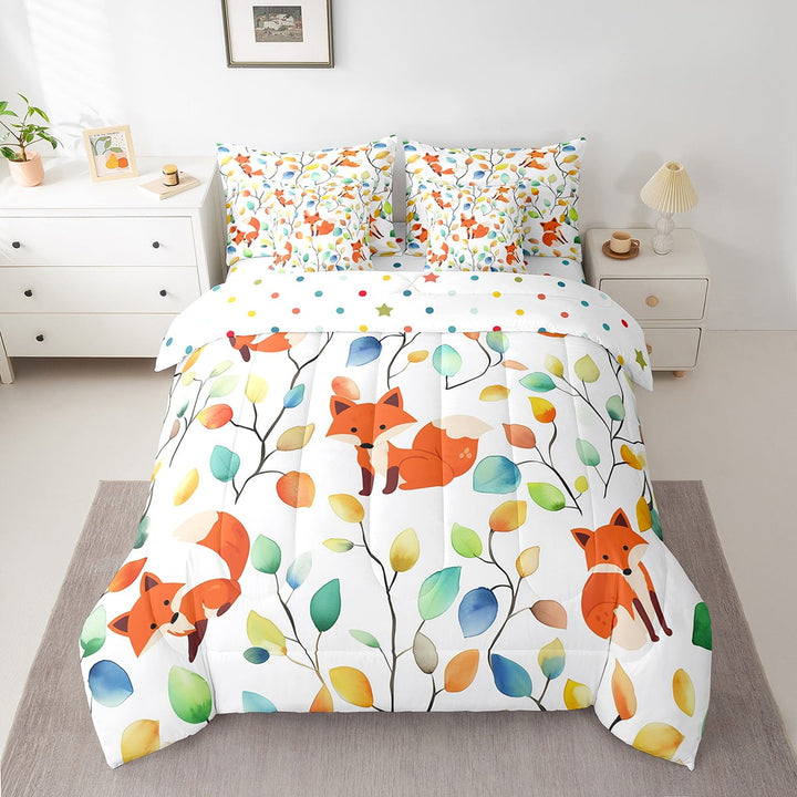 Erosebridal Kawaii Fox Twin Comforter Set 7pcs Chic Elegant Floral Bedding Comforter Sets, Woodland Animal Bed in a Bag Watercolor Leaves Bedding Set, Tropical Plant Bed Sheets Set