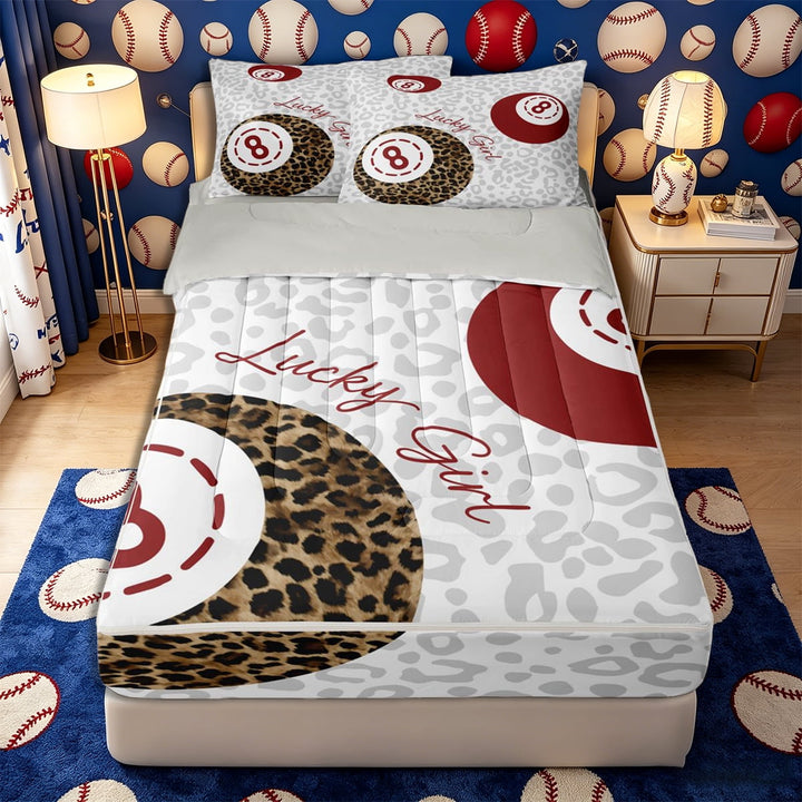 Meiyoeat Cheetah Print Billiards Snooker Zipper Full Size Comforter Sets with Fitted Sheet and 2 Pillowcases, Vintage Lucky 8 Ball Zipper Bedding Set for Bedroom,4pcs,Grey Reversible