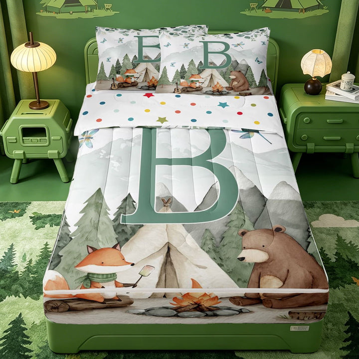 meiyoeat Happy Camping Zipper Twin Comforter Sets with Fitted Sheet and 2 Pillowcases For Boys,Cute Bear Initial Alphabet B Zipper Bedding Set,Polkadot Reversible,4-Piece