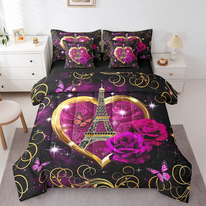 Eiffel Tower Bed in a Bag Queen Comforter Set 7 Piece,Magenta Rose Bedding Sets,Romantic France Sheet Set with Comforter City Building of Paris Bed Set,Galaxy Flowers Butterfly Room Decor Aesthetic