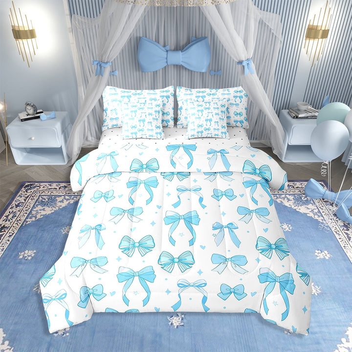 Erosebridal Girly Blue Bowknot Comforter Set Twin Size 7 Pieces Comforters Watercolor Blue Bow Bedding Set Princess Style Bed Set Bed in a Bag with Comforter,Sheets,Pillowcases &amp; Cushion Covers