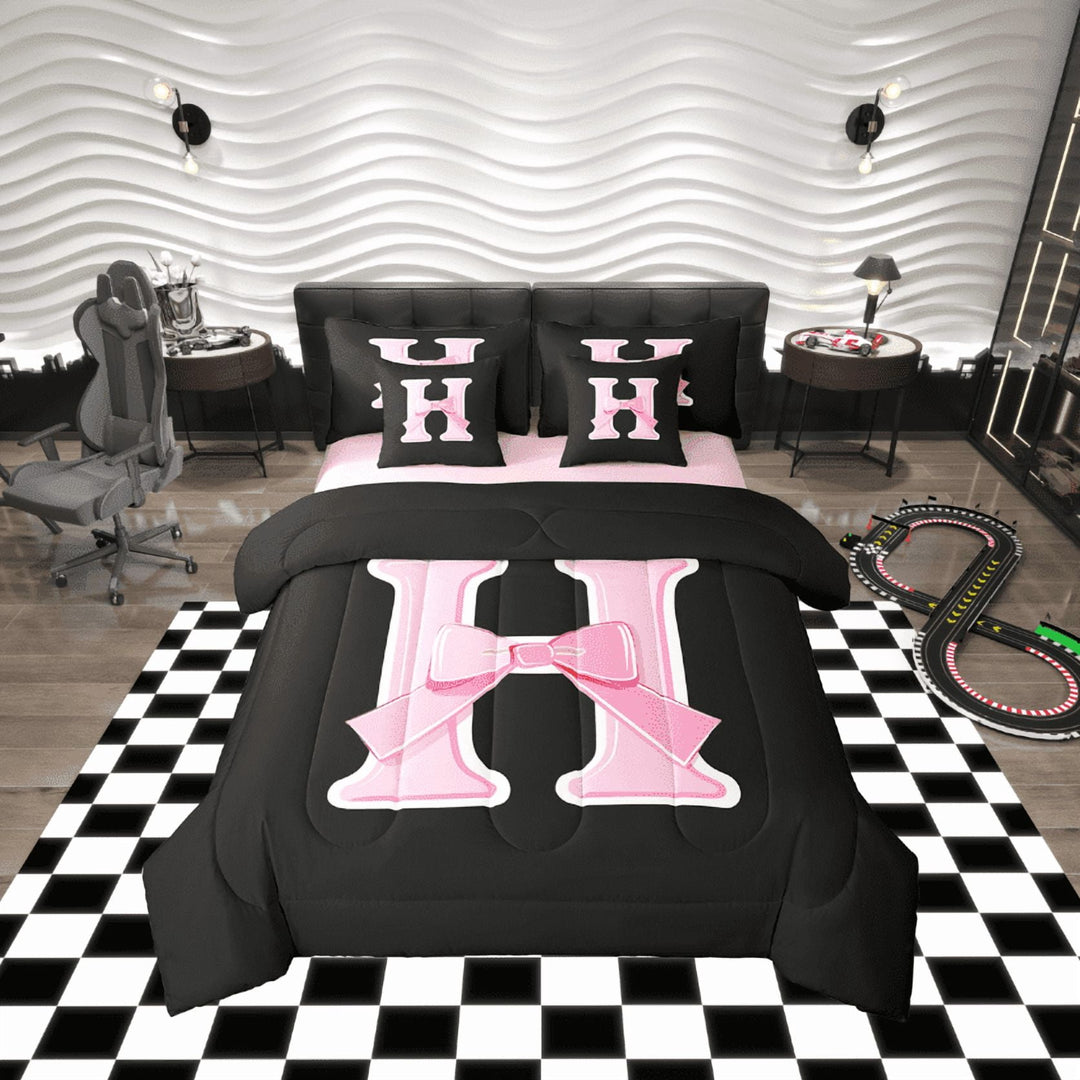 Erosebridal Kawaii Initial Letter Bed in a Bag Twin size, Monogrammed H Bed Set, Ribbon Cow Reversible Bedding Twin Size, Ultra Soft Bedroom Decoration, 7pcs